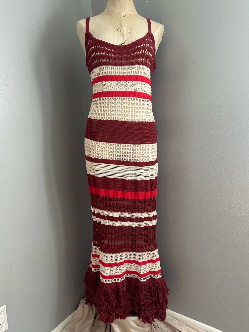 torrid Burgundy and Cream Striped Crochet Maxi Dress